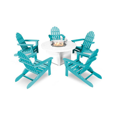 POLYWOOD Classic Folding Adirondack 6-Piece Conversation Set W/ Fire Pit Table - Aruba / White
